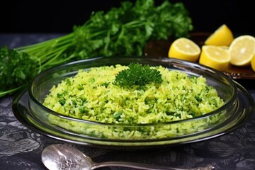 Poster - broccoli rice decorated with parsley on glass plate