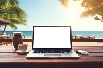 Wooden table with empty white screen laptop and a cup of coffee, Sea blurred background, high quality photo