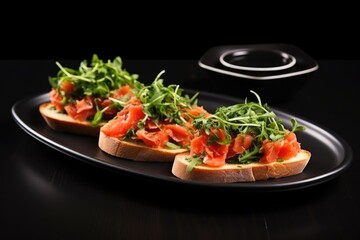 Wall Mural - fresh bruschetta with arugula leaves and sliced tomatoes on a black plate
