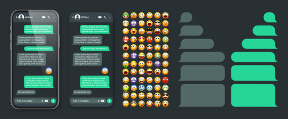 Smartphone messaging app, user interface with emoji. SMS text frame. Chat screen, green message bubbles. Texting app for communication. Social media application. Dark mode. Vector illustration