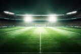 Fototapeta Pokój dzieciecy - green soccer field, bright spotlights. Generative AI