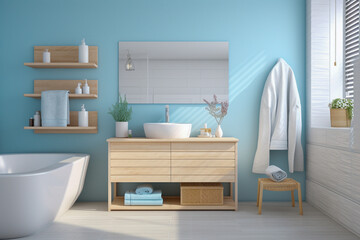 Minimalistic cozy bathroom with wooden texture. Blue and white pastel colors, modern interior design