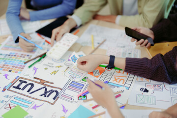 Wall Mural - Team of Creative Web, Graphic Designer planning for mobile phone, drawing website ux ui app for mobile phone application and development template layout, process to developing prototype wireframe.