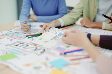 Wall Mural - Team of Creative Web, Graphic Designer planning for mobile phone, drawing website ux ui app for mobile phone application and development template layout, process to developing prototype wireframe.
