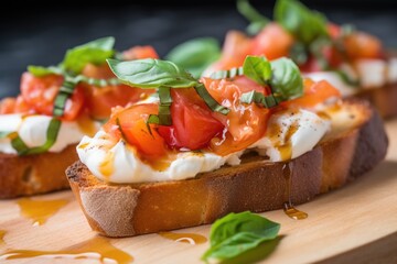 Wall Mural - close up of golden bruschetta topped with creamy mozzarella