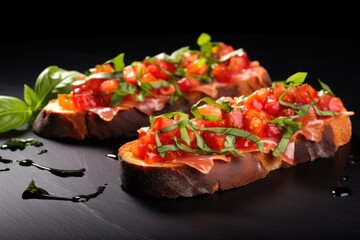 Sticker - bruschetta on black slate with raw pepper halves and fresh basil near