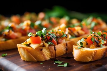 Poster - tightly cropped shot of golden crusty smoked gouda bruschetta