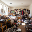 Messy dorm room with clothes everywhere