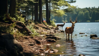 Wall Mural - deers in the forest. deer in a green forest with a lake. deer in a lake. spring time forest with wil