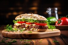 Burger With Lettuce, Tomato And Cheese On A Wooden Board