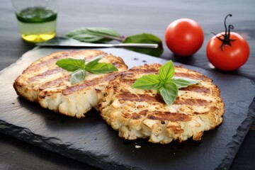 Wall Mural - a pair of cauliflower steaks on a rustic stone plate