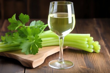 Poster - close up of celery juice in wine glass on wooden table