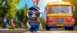 Cartoon bunny wearing denim overalls and big rig peterbuilt bus driver hat in background, rubber bunny shades, cute, colorful