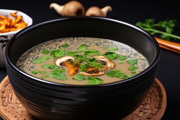 Wall Mural - mushroom detox soup served in a black bowl