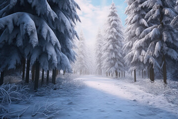 Wall Mural - A softly blurred forest path surrounded by snow-laden trees. Snowy scene for Christmas background. Generative AI