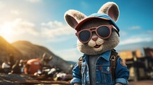 Cartoon Bunny Wearing Denim Overalls And Big Rig Peterbuilt Bus Driver Hat In Background, Rubber Bunny Shades, Cute, Colorful