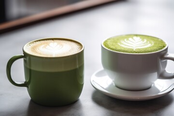 Canvas Print - two different lattes: one matcha, one coffee, in white cups