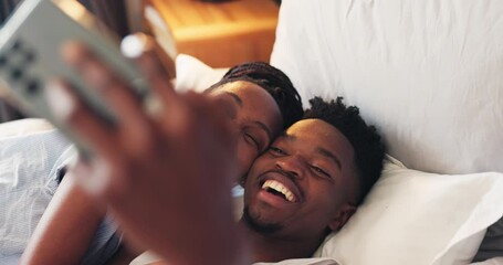 Poster - Bed, selfie and black couple with love, morning and smile with social media, connection and home. Bedroom, African man and woman with smartphone, post and profile picture with internet or connection