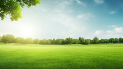 Wall Mural - Green lawn and trees background with copyspace. Nature background concept. Generative AI