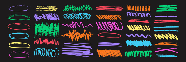 Wall Mural - colorful charcoal scribble stripes and paint shapes. children's crayon or marker doodle rouge handdr