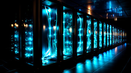 Wall Mural - row of network servers with glowing led lights