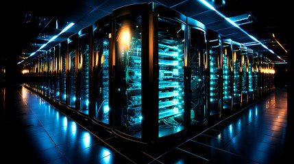 Wall Mural - row of network servers with glowing led lights