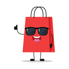 Wall Mural - Cute happy shopping bag character wear sunglasses. Funny bag greet friend cartoon emoticon in flat style. closet vector illustration