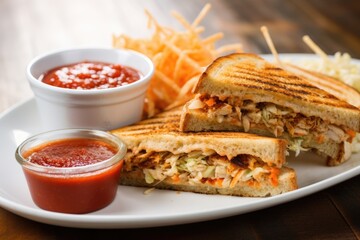 Canvas Print - grilled sandwich with a side of coleslaw and tomato ketchup