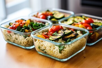 Sticker - view of meal prep containers filled with rice and grilled vegetables