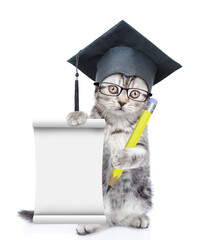 Poster - Happy graduate cat wearing eyeglasses standing on hind legs and shows empty list. isolated on white background
