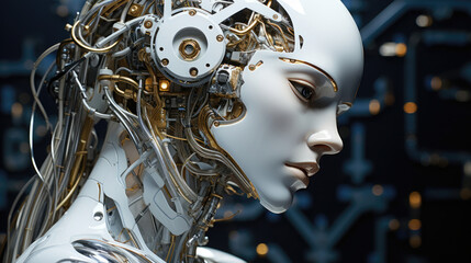 Wall Mural - cybernetic robot head closeup: futuristic humanoid with intricate mechanical details, vivid circuits