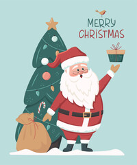 Merry Christmas and Happy New Year greeting card with cute Santa Claus, Xmas tree and bag of gifts box. Santa Claus brought gifts for Christmas.  Vector illustration in retro style