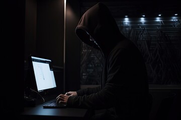 Wall Mural - Digital shadows. Unmasking hacker in hoodie. Cyber intrusion. Face behind screen. Hooded hackers. Unveiling dark side of internet