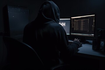 Canvas Print - Digital shadows. Unmasking hacker in hoodie. Cyber intrusion. Face behind screen. Hooded hackers. Unveiling dark side of internet