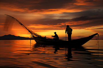 Wall Mural - silhouette of fishermen in a boat