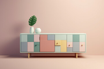 Leinwandbilder - A pastel-colored geometric-style column sideboard with geometric patterns and gentle pastel shades, combining storage and design in one piece.