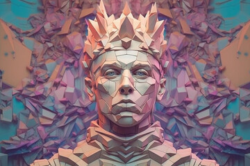 Poster - A pastel-colored geometric king's portrait made of interlocking shapes and gentle pastel shades, offering a unique interpretation of regal elegance.