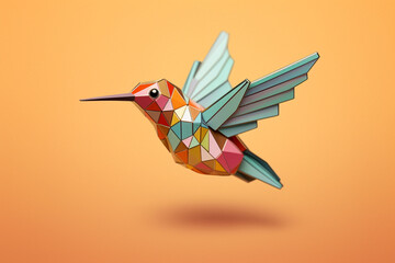 Poster - A pastel-colored geometric-inspired hummingbird enamel pin with geometric shapes and pastel colors, representing grace and agility. 