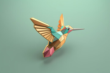 Poster - A pastel-colored geometric-inspired hummingbird enamel pin with geometric shapes and pastel colors, representing grace and agility. 