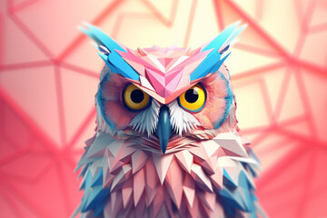 Fototapete - A pastel-colored geometric-themed owl illustration with angular shapes and delicate pastel shades, capturing the wisdom and grace of this majestic bird. 