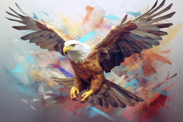 Poster - A pastel-colored geometric-themed eagle illustration with angular shapes and delicate pastel shades, 