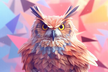 Wall Mural - A pastel-colored geometric-themed Owl illustration with angular shapes and delicate pastel shades, capturing the wisdom and grace of this majestic bird. 