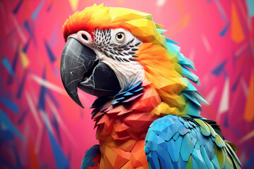 Fototapete - A pastel-colored geometric-themed Macaw illustration with angular shapes and delicate pastel shades, capturing the wisdom and grace of this majestic bird. 