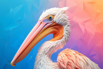 Fototapete - A pastel-colored geometric-themed Pelican illustration with angular shapes and delicate pastel shades, capturing the wisdom and grace of this majestic bird. 