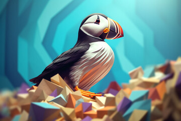 Poster - A pastel-colored geometric-themed Puffin illustration with angular shapes and delicate pastel shades, capturing the wisdom and grace of this majestic bird. 