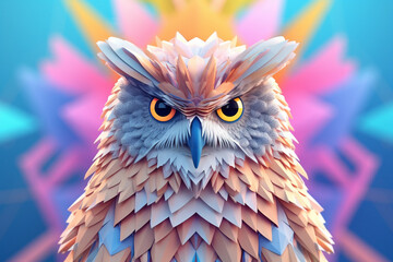 Fototapete - A pastel-colored geometric-style Owl artwork with intricate geometric shapes and soft pastel hues, showcasing the beauty of nature in a modern design.