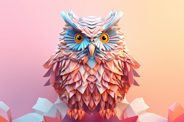 Fototapete - A pastel-colored geometric-style Owl artwork with intricate geometric shapes and soft pastel hues, showcasing the beauty of nature in a modern design.