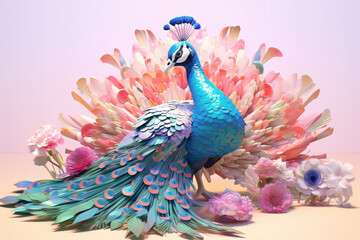 Poster - A pastel-colored geometric-style Peacock artwork with intricate geometric shapes and soft pastel hues, showcasing the beauty of nature in a modern design