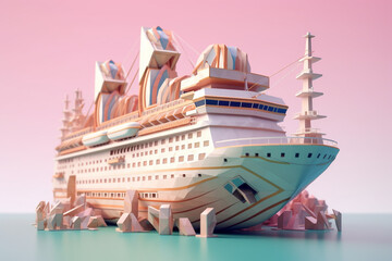 Fototapete - A pastel-colored geometric-style ship artwork with intricate geometric shapes and soft pastel hues, showcasing the beauty of nature in a modern design.