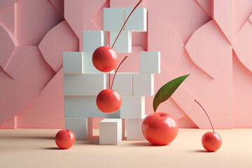 Fototapete - A pastel-colored geometric-style Cherry artwork with intricate geometric shapes and soft pastel hues, showcasing the beauty of nature in a modern design.